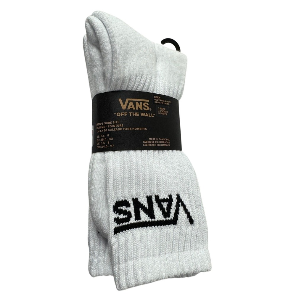 Vans Mens Crew Socks 3 Pair White Ribbed Athletic Skate shoe size 6.5-9